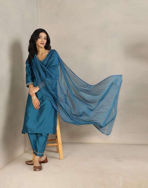 Teal Cotton Silk Embroidered Kurta Pant & Dupatta Set