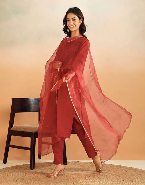 Red Cotton Silk Embroidered Kurta, Pant & Dupatta Set
