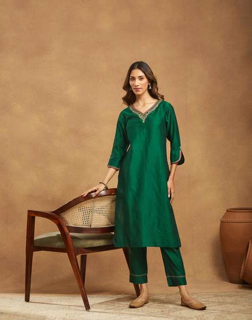 Green Cotton Silk Embroidered Pant & Kurta Set