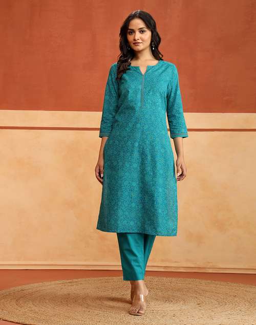 Avni Blue Cotton Printed Jaal Pant & Kurta Set