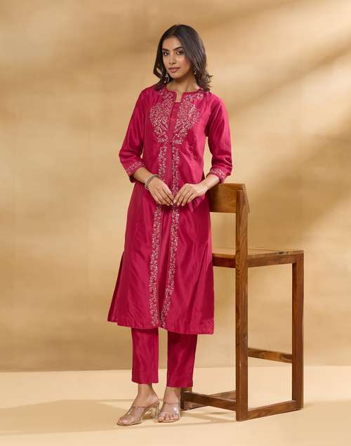 Fuchsia Cotton Silk Embroidered Slip, Pant, Kurta Set