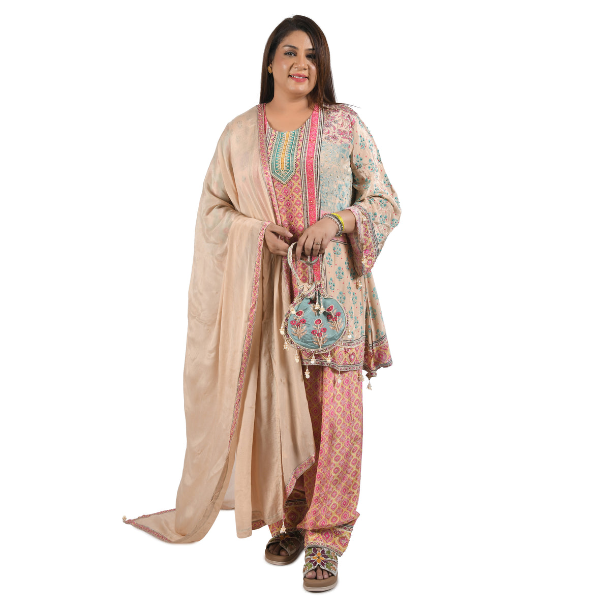 3 Peice Suit With Farshi Salwar,Potli
