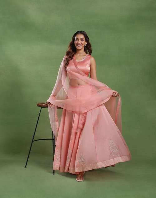 Orange Cotton Silk Choli, Dupatta & Skirt Set