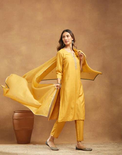 Mustard Viscose Silk Embroidered Pant, Dupatta & Kurta Set