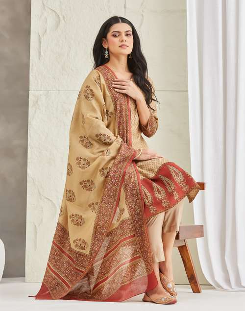 Beige Cotton Silk Hand Block Printed Dupatta & Kurta Set