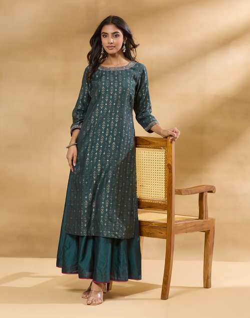Dark green Cotton Silk Blend Embroidered Kurta & Sharara Set