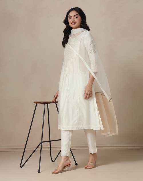 Natural Cotton Silk Embroidered Kurta, Pant & Dupatta Set