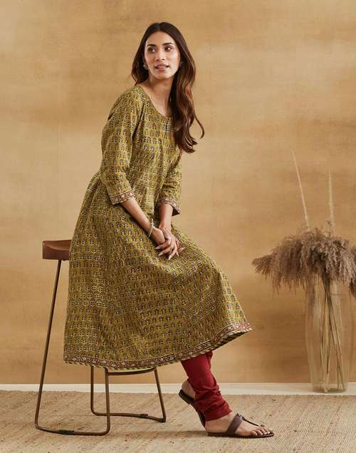 Mustard Cotton Hand Block Printed Slim Fit Churidar & Kurta Set
