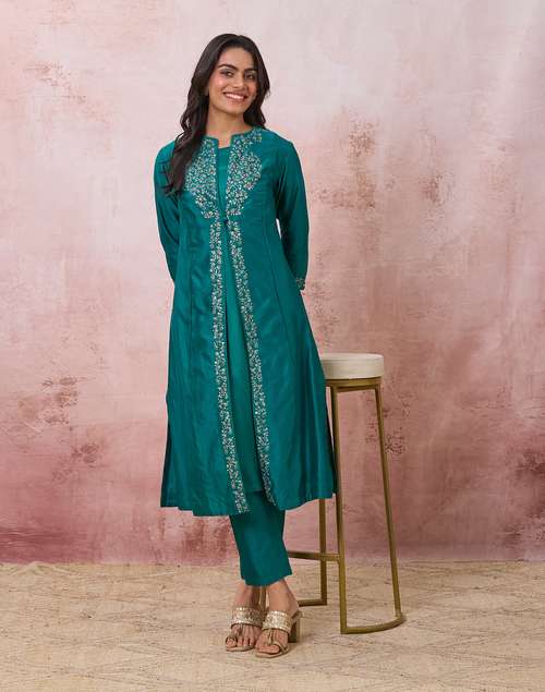 Teal Cotton Silk Embroidered Kurta with Slip & Pant Set