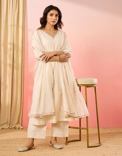 Natural Cotton Silk Hand Block Printed Kurta, Ijar & Dupatta