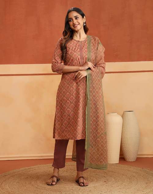 Avni Rust Cotton Printed Kurta, Pant & Dupatta Set