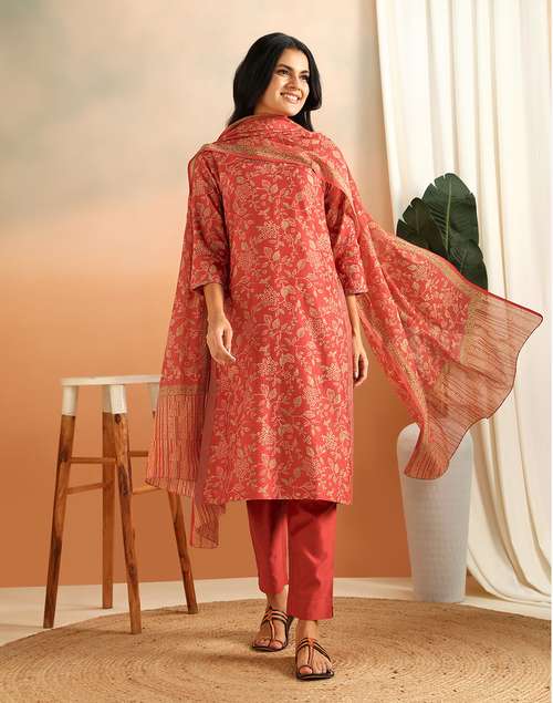 Red Cotton Silk Hand Block Printed Dupatta, Pant & Kurta Set