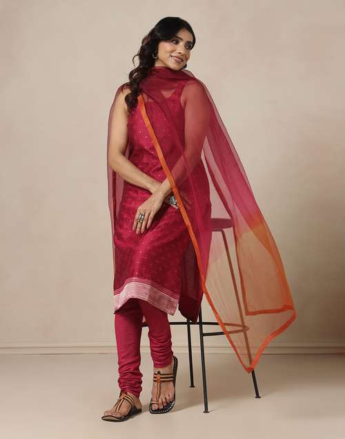 Magenta Cotton Silk Blend Kurta, Churidar & Dupatta Set