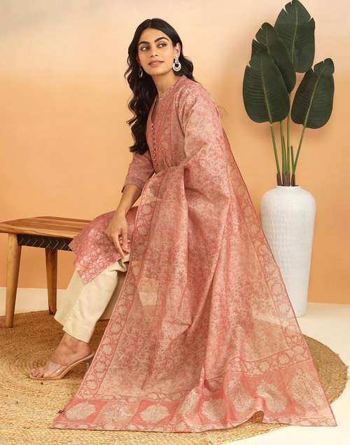 Pink Cotton Silk Hand Block Print Dupatta & Kurta Set