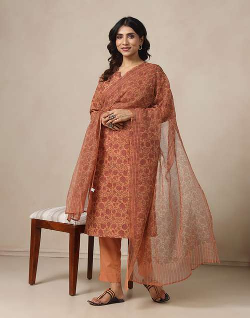 Coral Cotton Printed Floral Kurta, Pant & Dupatta Set
