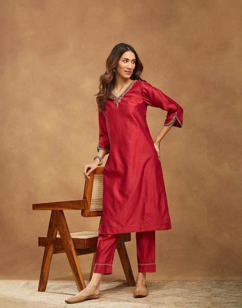 Wine Cotton Silk Embroidered Pant & Kurta Set