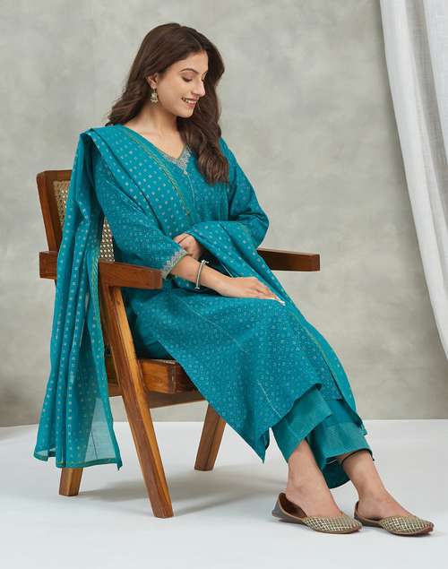 Teal Cotton Silk Hand Block Printed Kurta, Dupatta, Pant Set