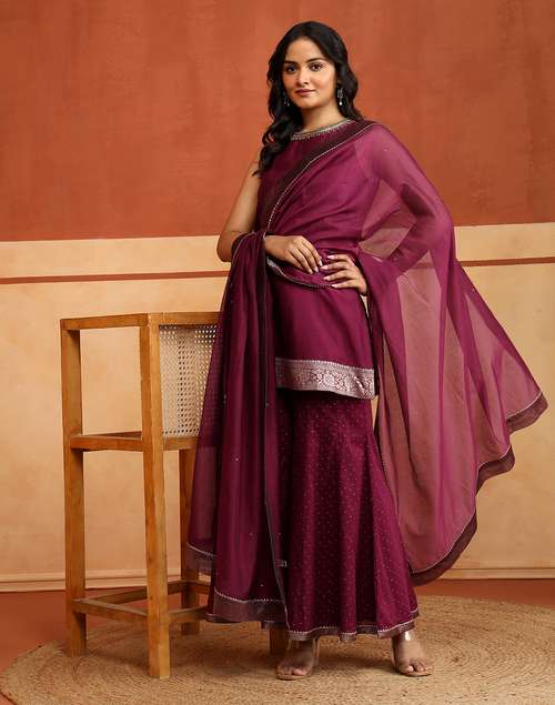 Wine Cotton Silk Slim Fit Embroidered Short Kurta