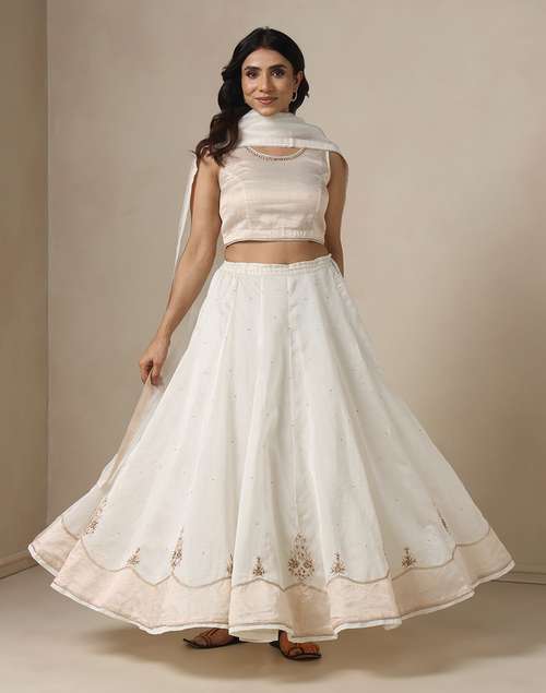 Natural-Gold Cotton Silk Blend Embroidered Skirt, Choli, Dupatta