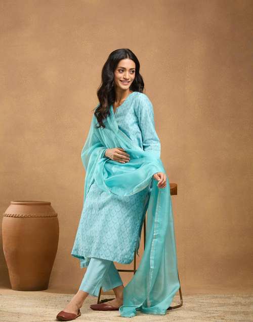 Light Blue Cotton Silk Hand Block Embroidered Dupatta, Pant & Kurta Set