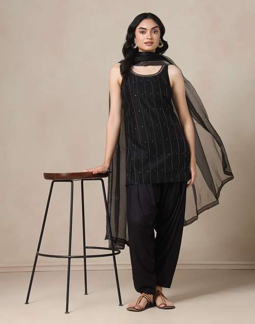 Black Cotton Silk Blend Embroidered Kurta, Salwar & Dupatta Set