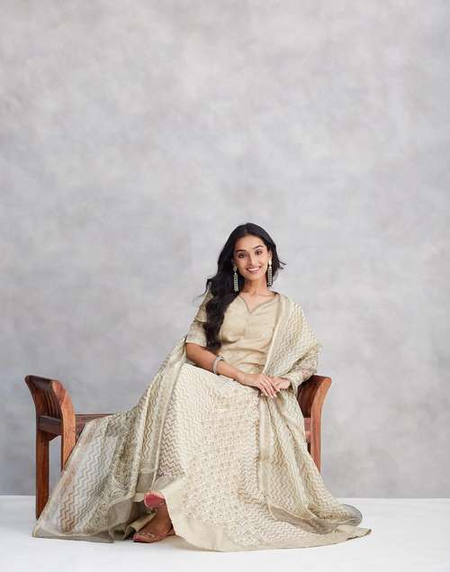 Beige Cotton Silk Hand Block Print Slim Fit Dupatta, Choli & Skirt Set
