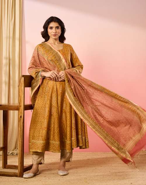 Mustard Cotton Silk Hand Block Printed Kurta & Dupatta
