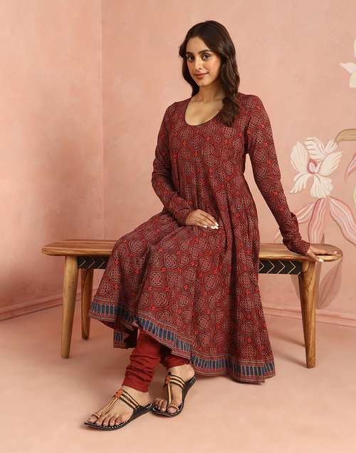 Maroon Cotton Ajrakh Printed Churidar & Kurta