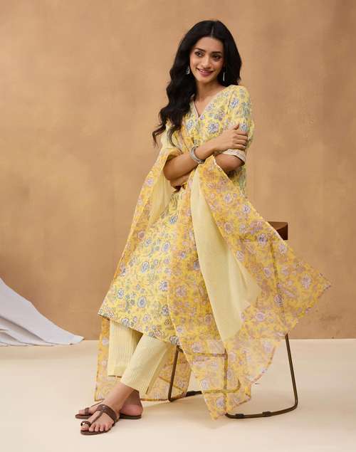 Yellow Cotton Printed Floral Pant, Dupatta & Kurta Set
